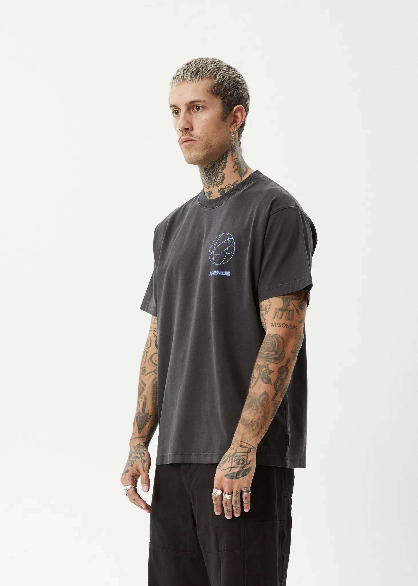 AFENDS Mens Globalisation - Boxy T-Shirt - Stone Black
