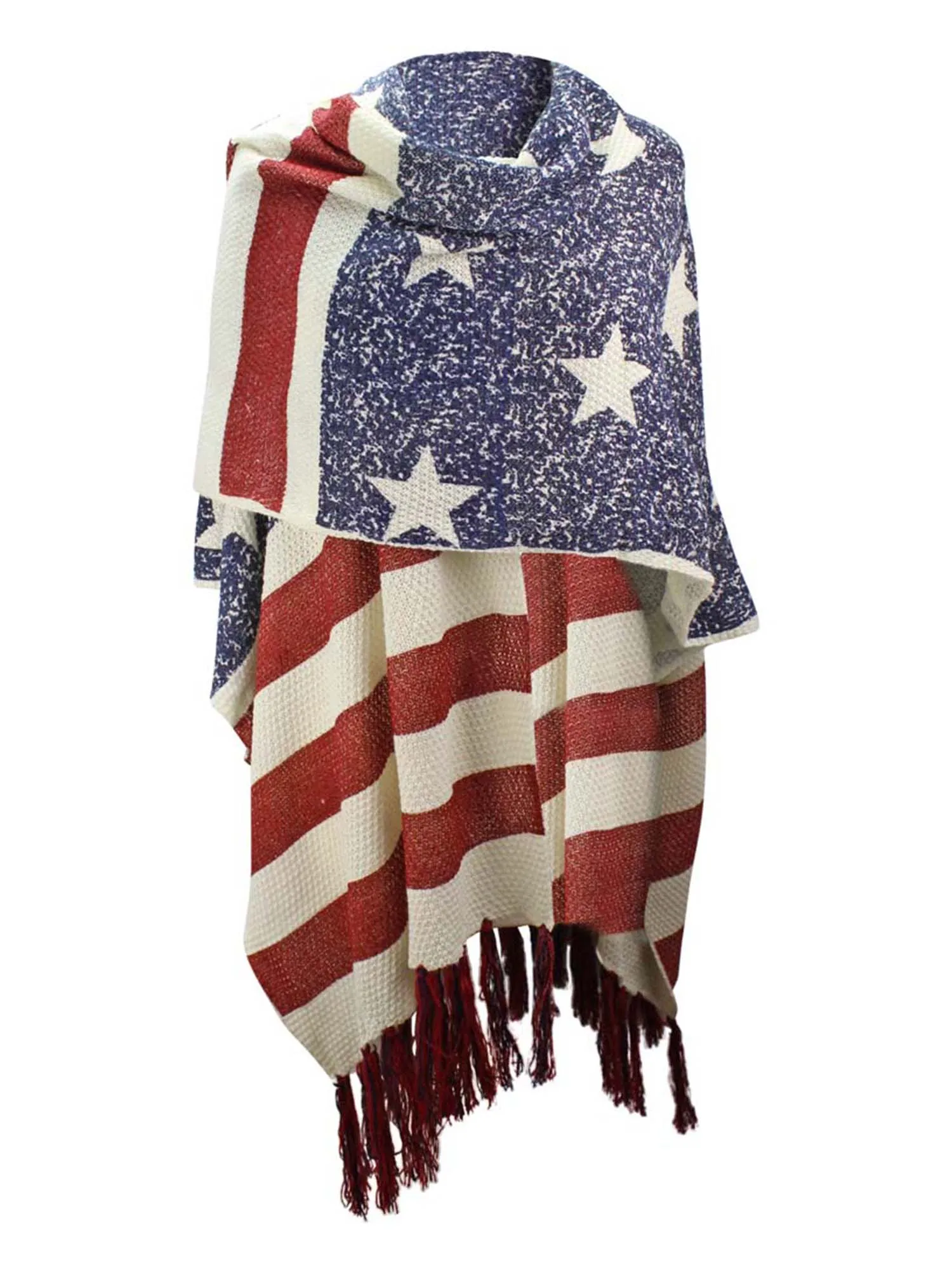 Americana Faded Flag Print Knit Shawl With Long Tassel Fringe