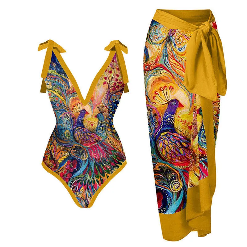 Beautiful Colorful Bowknot Tie-Shoulder One Piece Swimsuit and Splicing Sarong