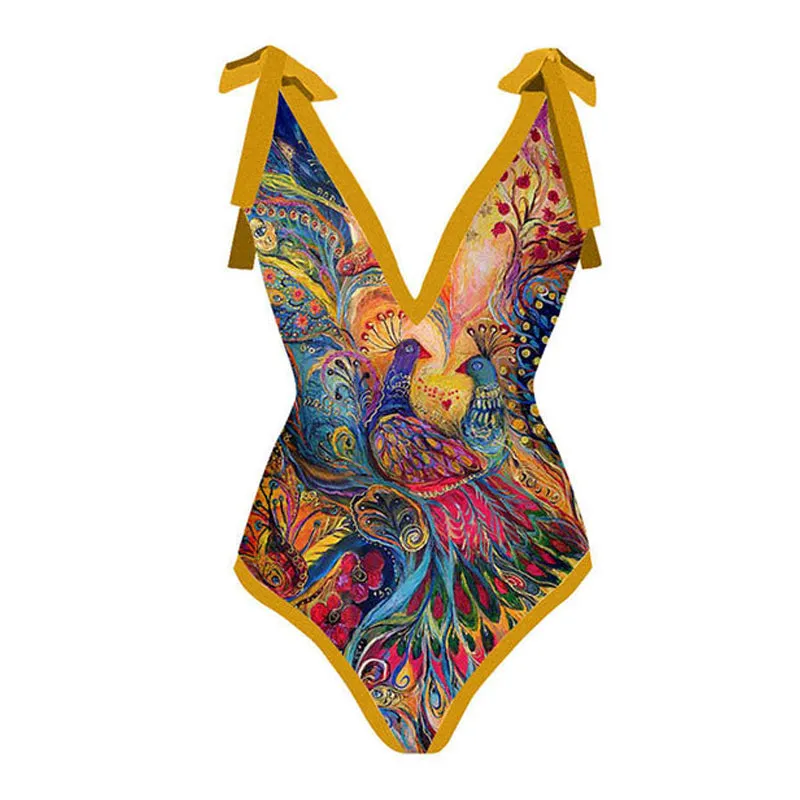 Beautiful Colorful Bowknot Tie-Shoulder One Piece Swimsuit and Splicing Sarong