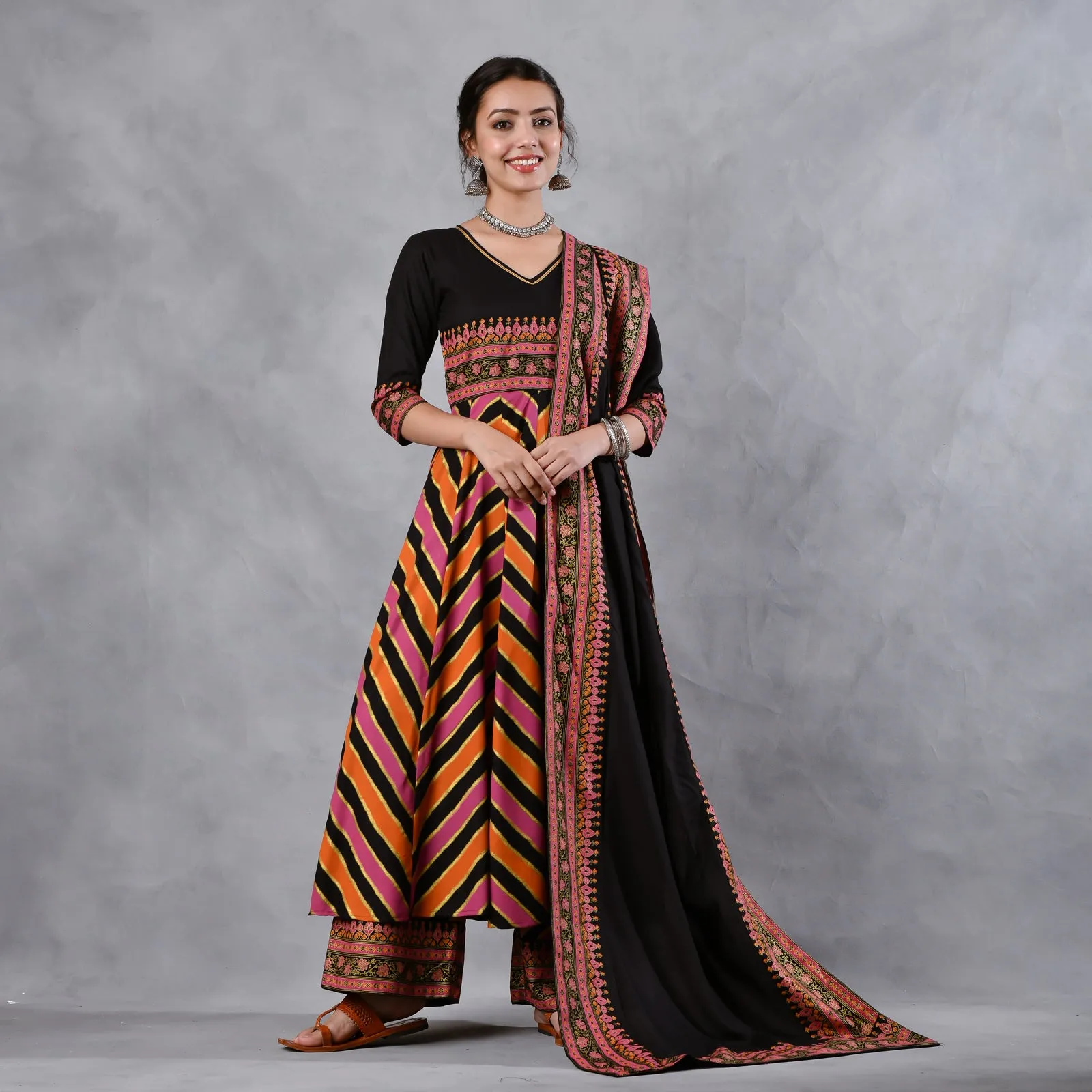 Black Multicoloured Striped Flared Kurta Set