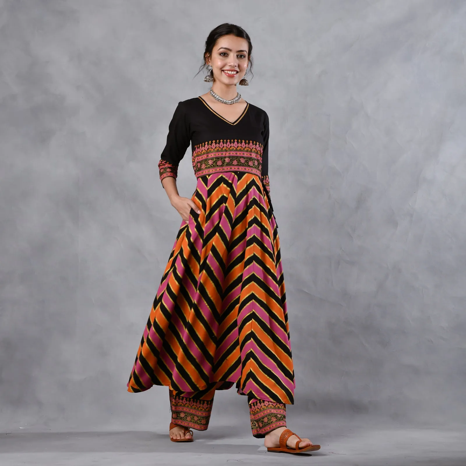 Black Multicoloured Striped Flared Kurta Set
