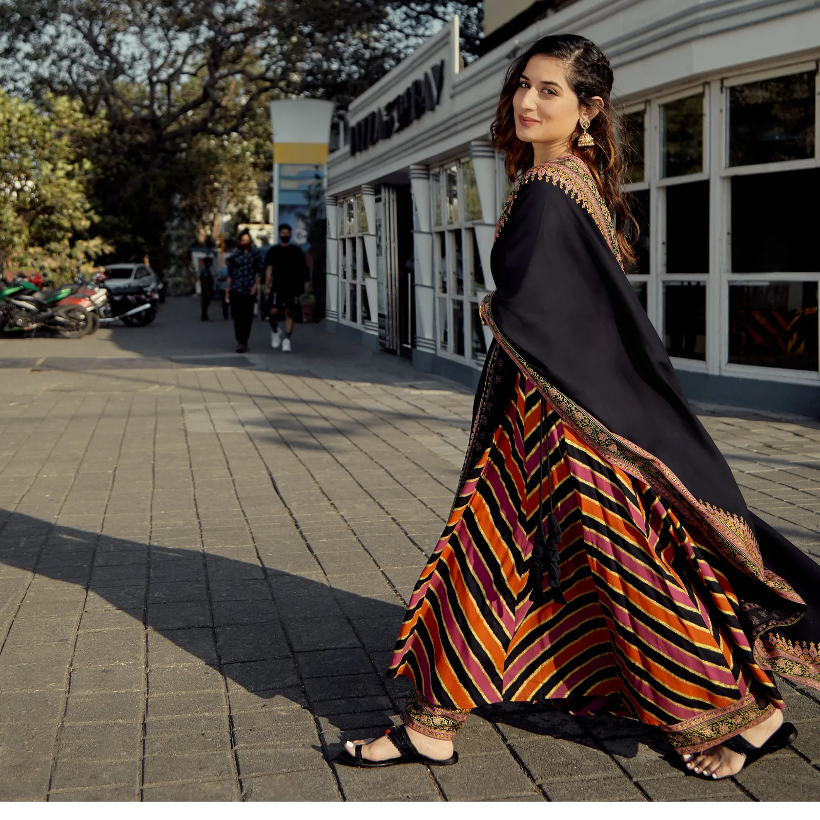 Black Multicoloured Striped Flared Kurta Set
