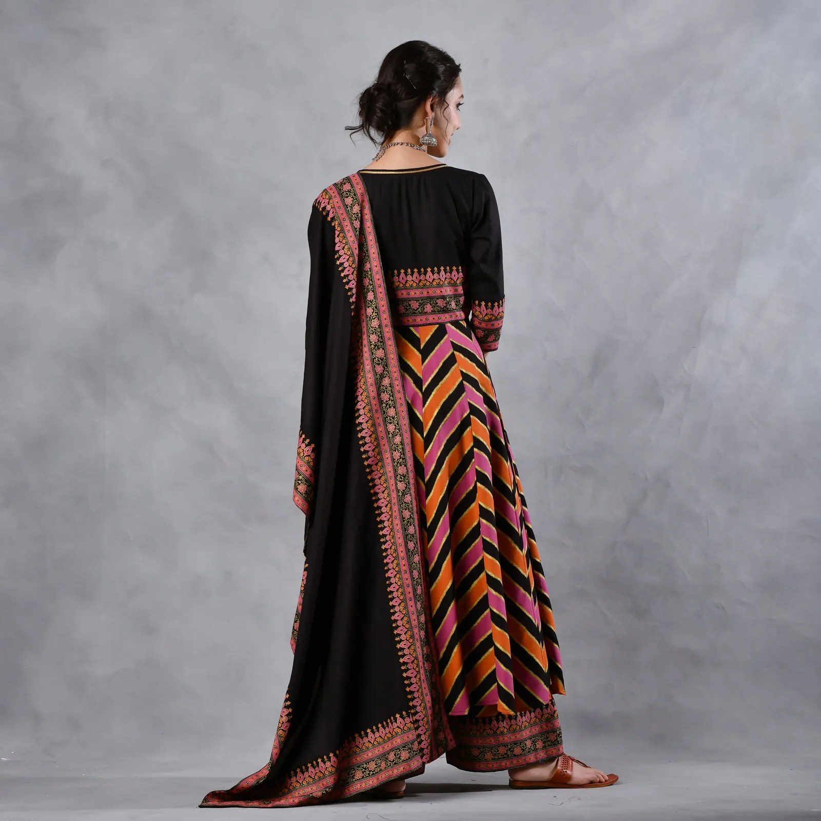 Black Multicoloured Striped Flared Kurta Set