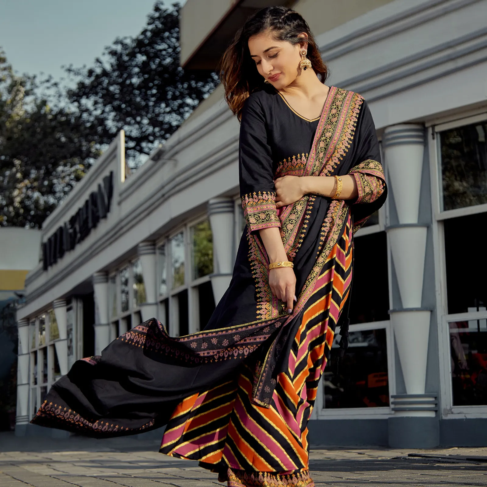 Black Multicoloured Striped Flared Kurta Set