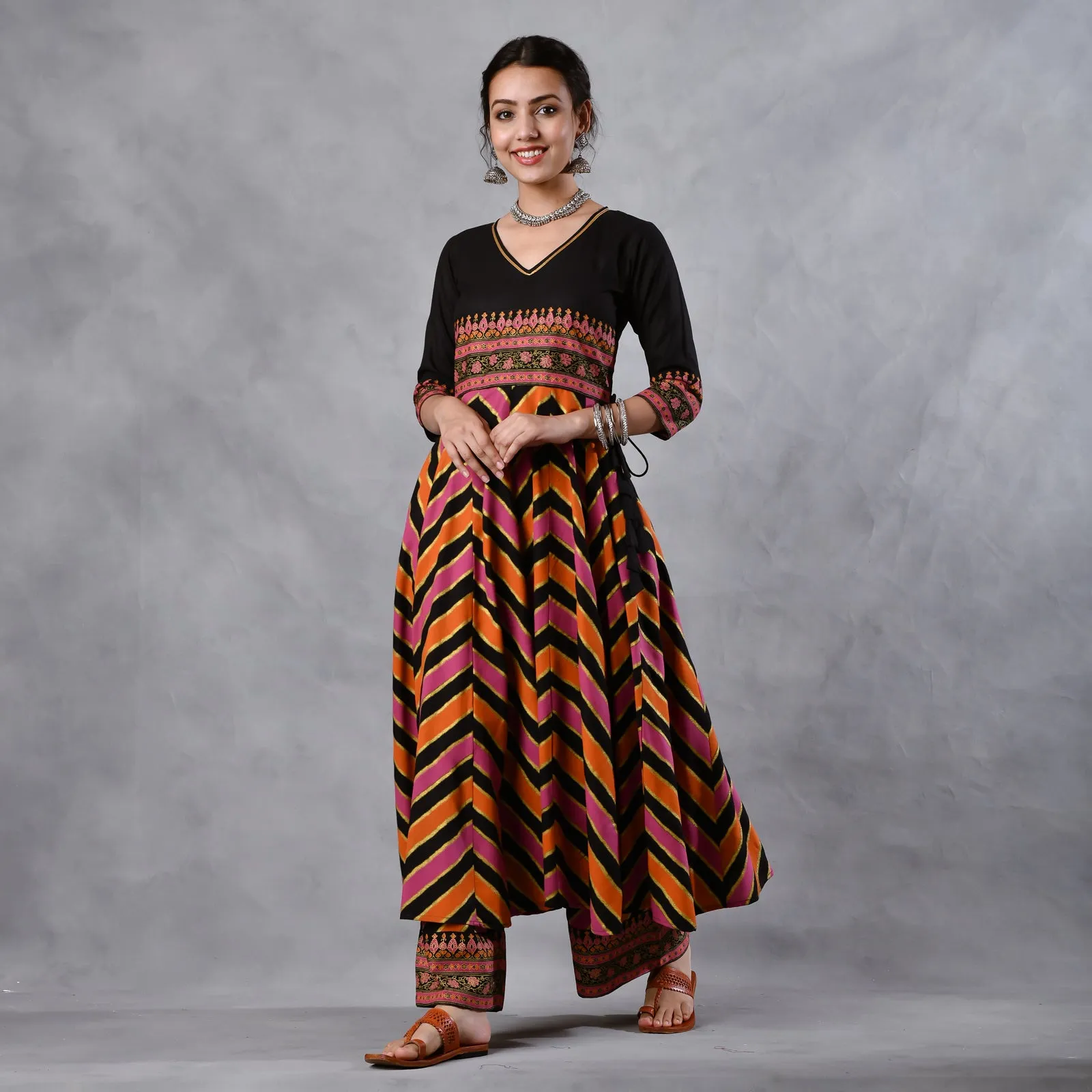 Black Multicoloured Striped Flared Kurta Set