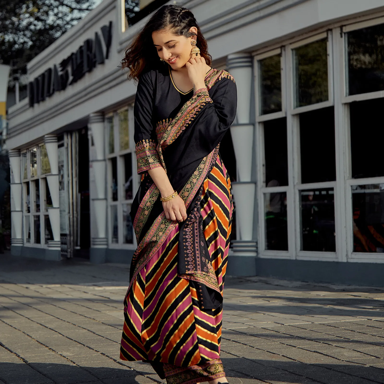 Black Multicoloured Striped Flared Kurta Set