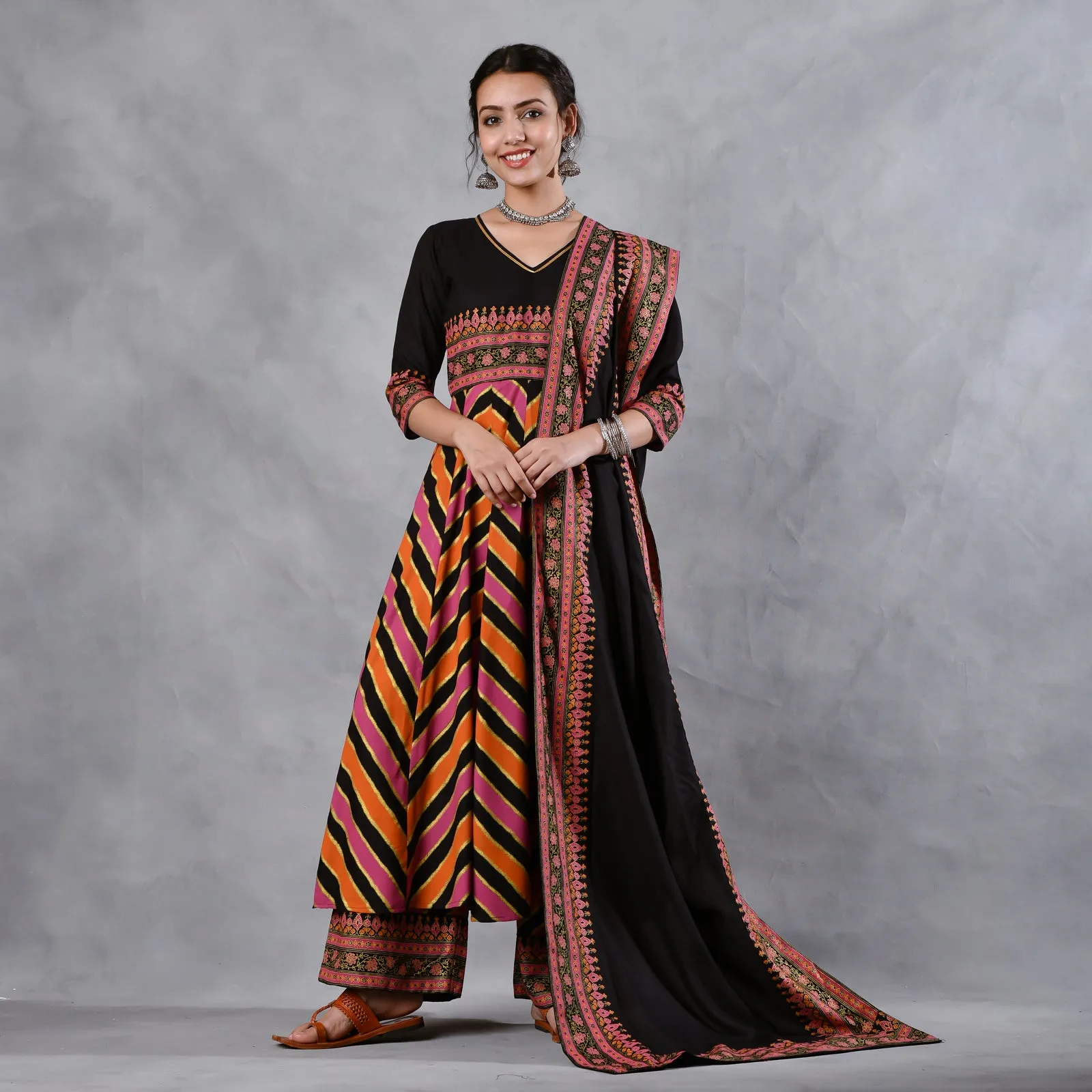 Black Multicoloured Striped Flared Kurta Set