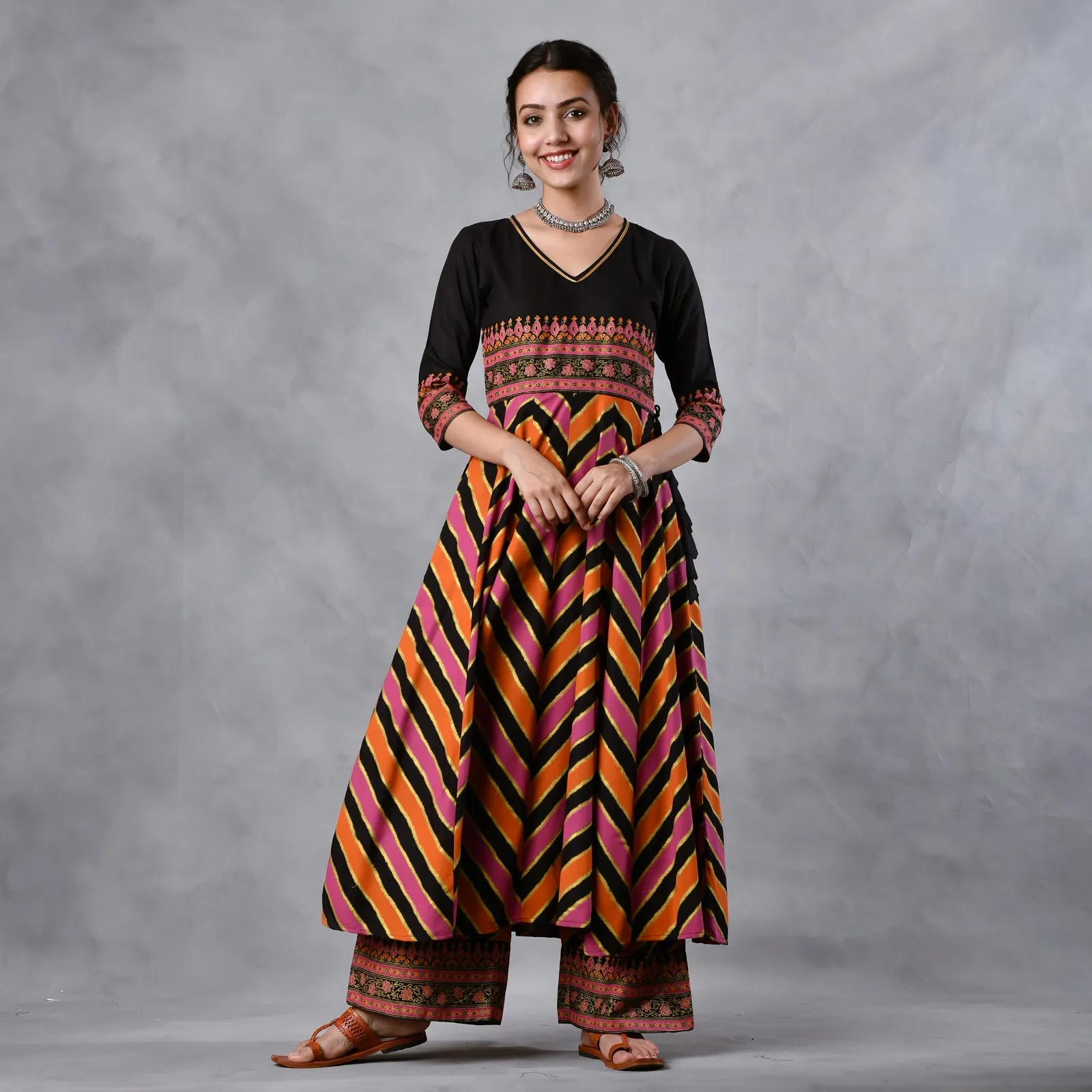 Black Multicoloured Striped Flared Kurta Set