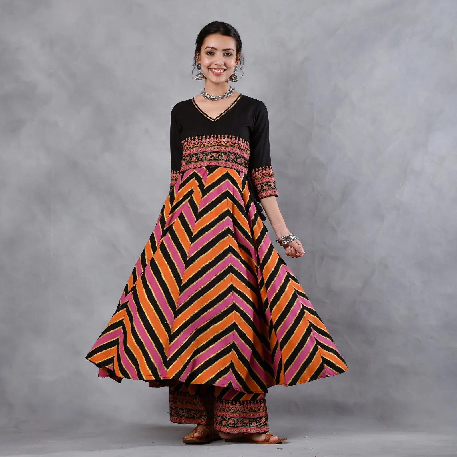 Black Multicoloured Striped Flared Kurta Set