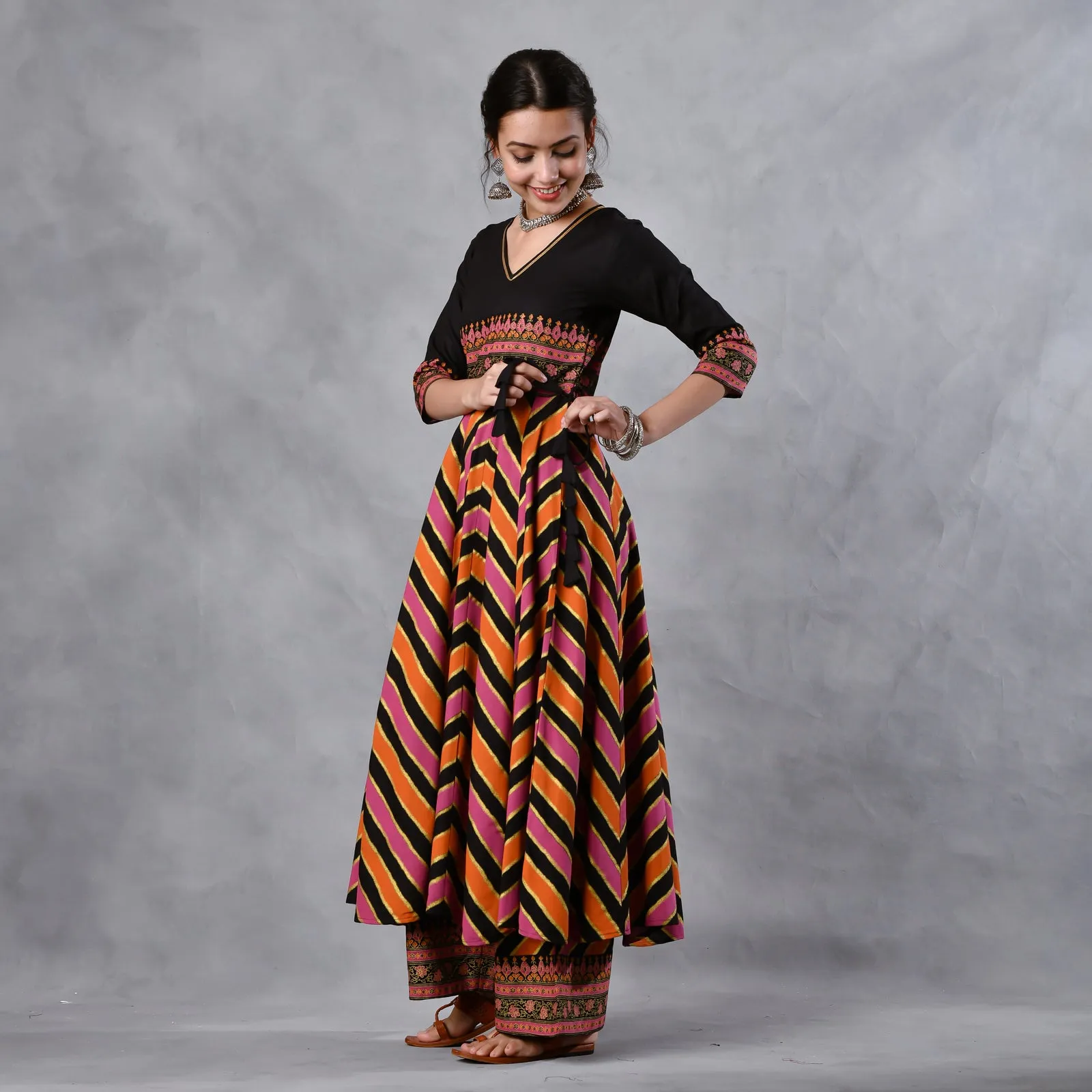 Black Multicoloured Striped Flared Kurta Set