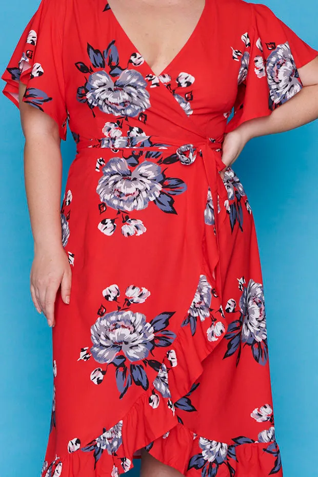 Cassandra Red Floral Wrap Dress