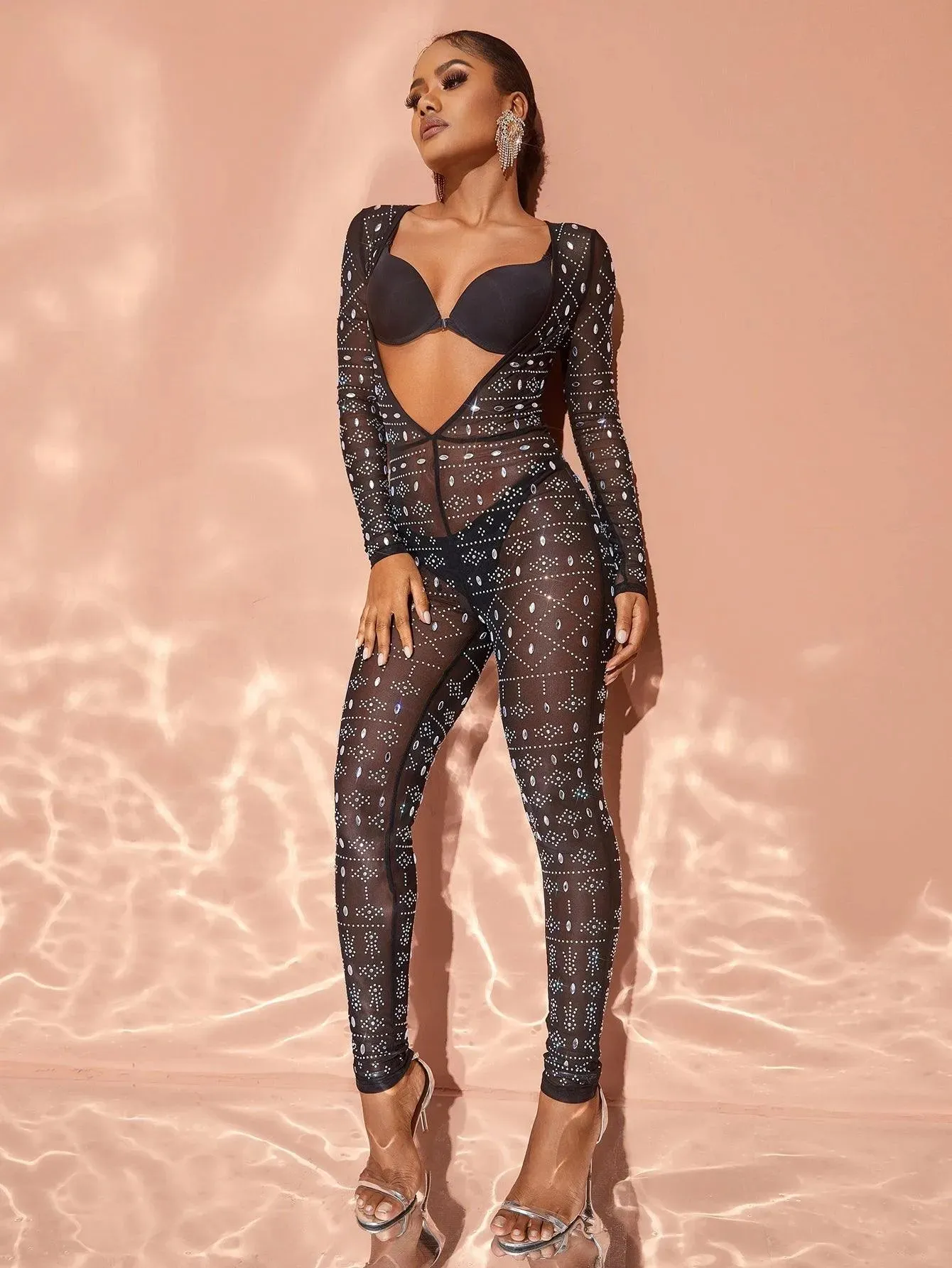 Chic Rhinestone Detail Plunging Neck Sheer Mesh Jumpsuit