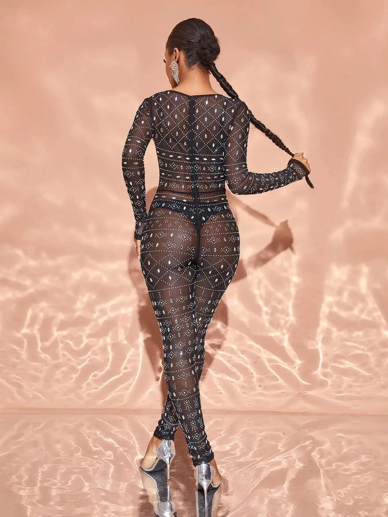 Chic Rhinestone Detail Plunging Neck Sheer Mesh Jumpsuit