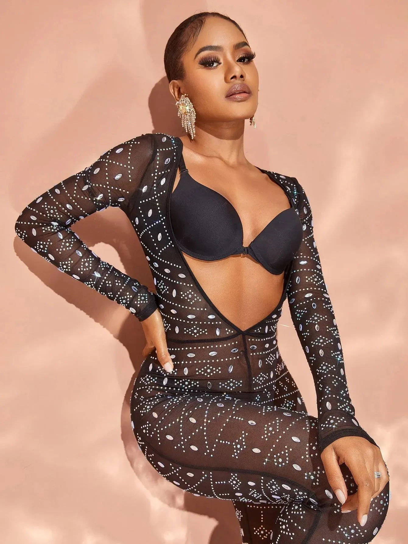 Chic Rhinestone Detail Plunging Neck Sheer Mesh Jumpsuit