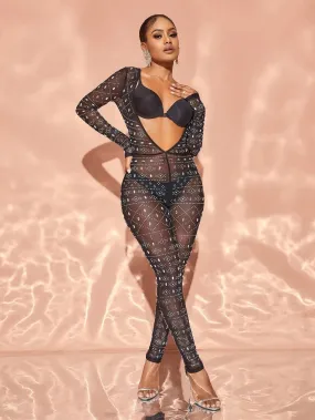 Chic Rhinestone Detail Plunging Neck Sheer Mesh Jumpsuit