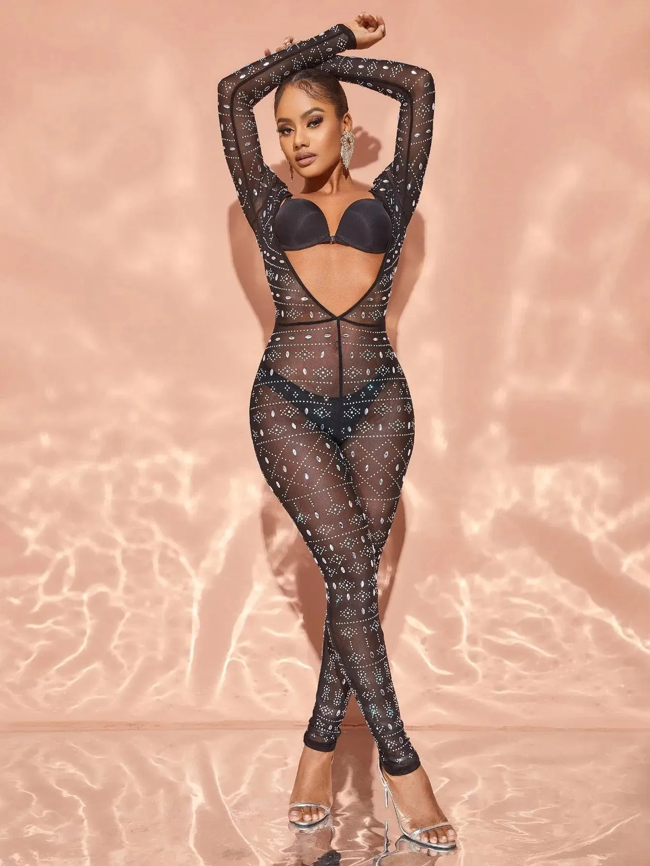 Chic Rhinestone Detail Plunging Neck Sheer Mesh Jumpsuit