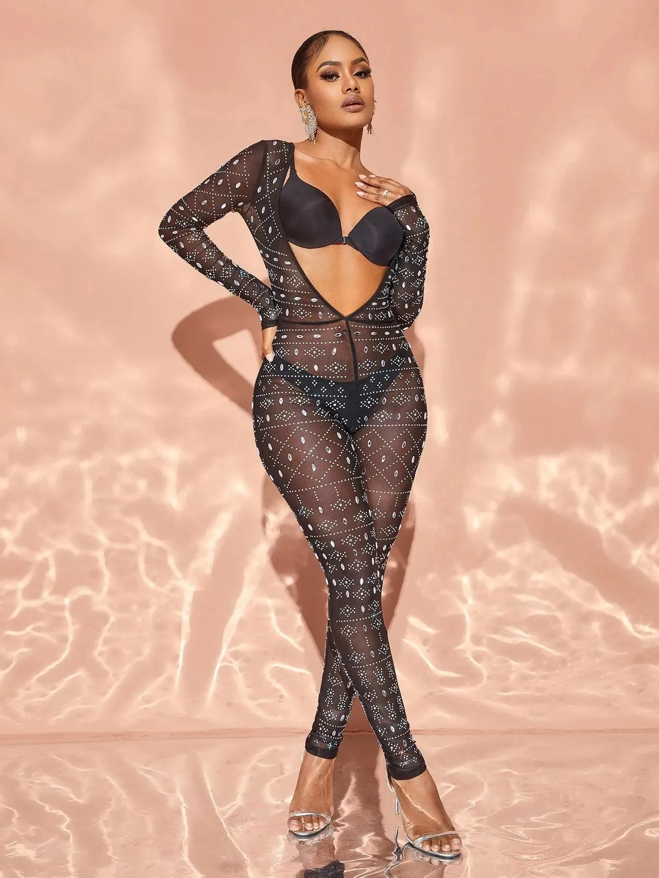 Chic Rhinestone Detail Plunging Neck Sheer Mesh Jumpsuit
