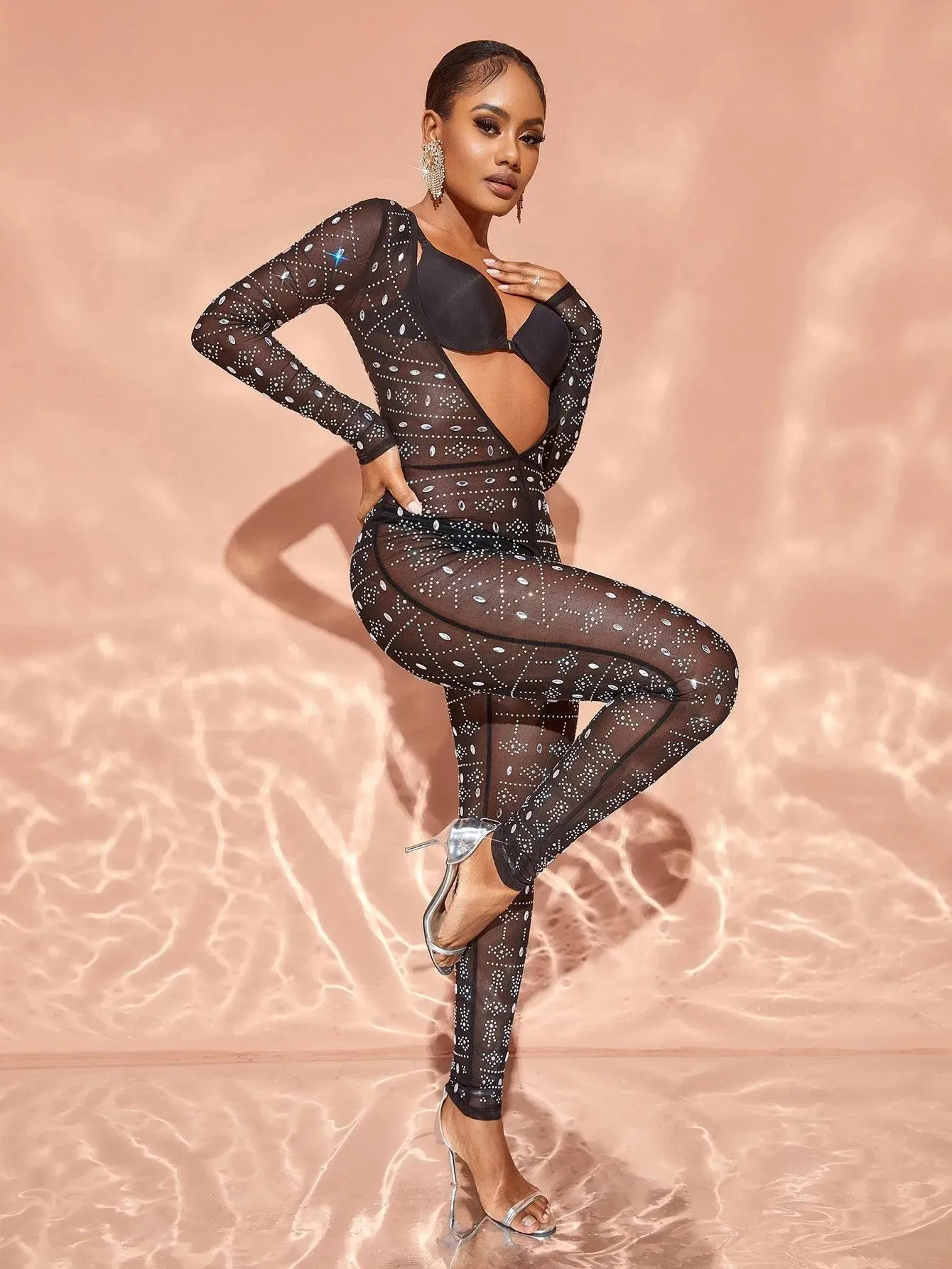 Chic Rhinestone Detail Plunging Neck Sheer Mesh Jumpsuit