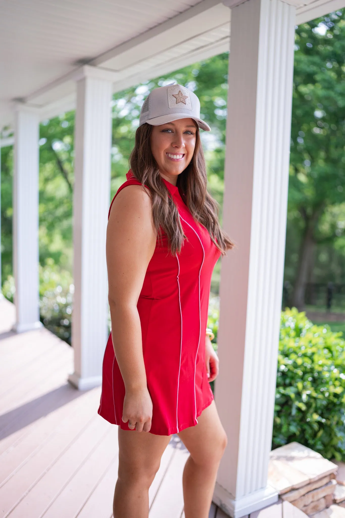 Collared Quarter Zip Active Dress-Red