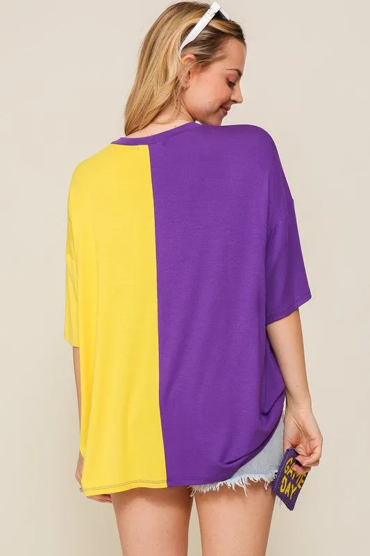 COLORBLOCK GAME DAY TOP | PURPLE & GOLD