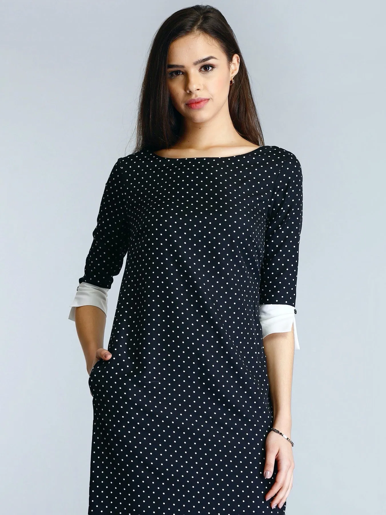 Colour Block Polka Dot Shift Dress - Black and White