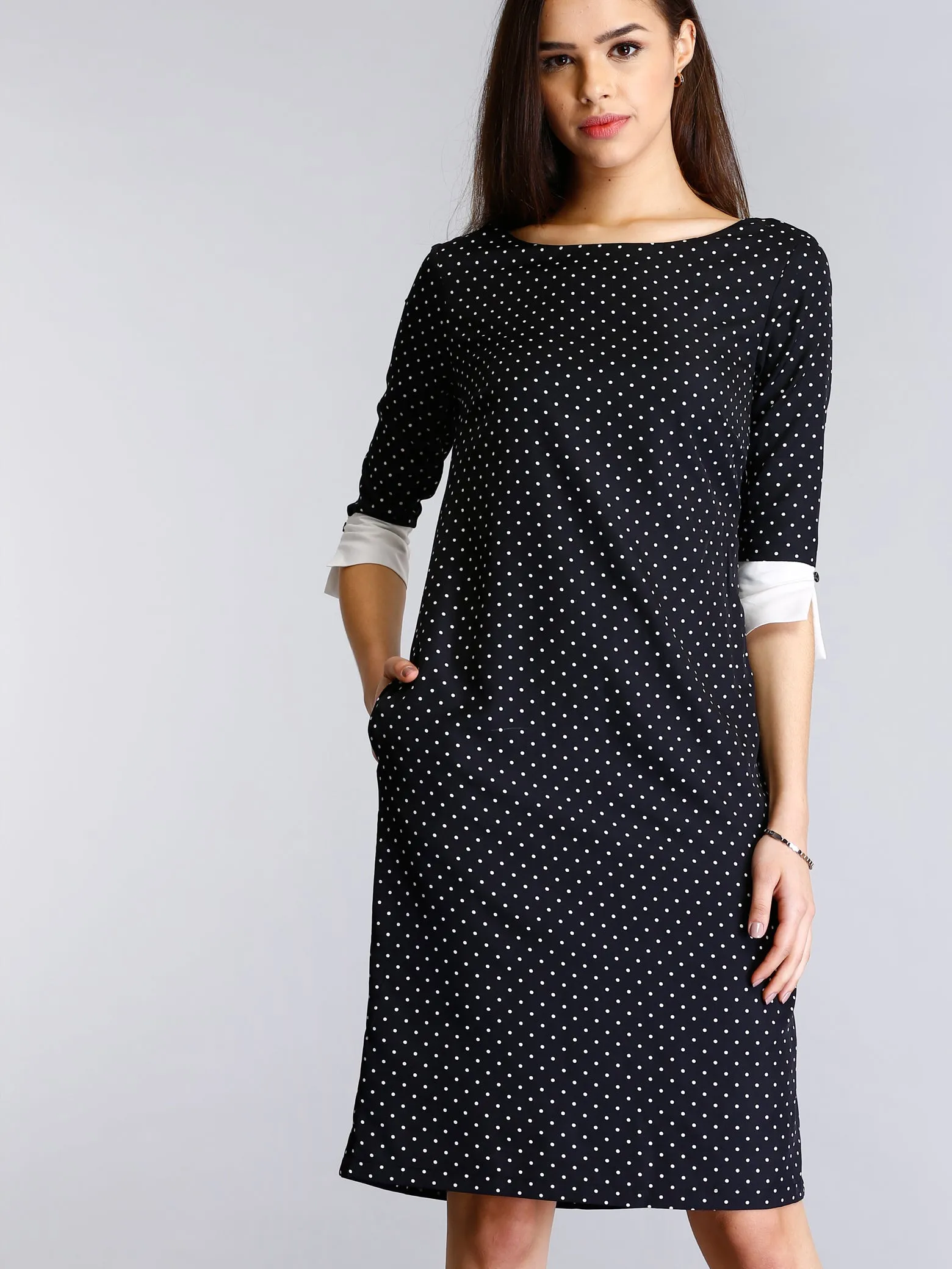 Colour Block Polka Dot Shift Dress - Black and White