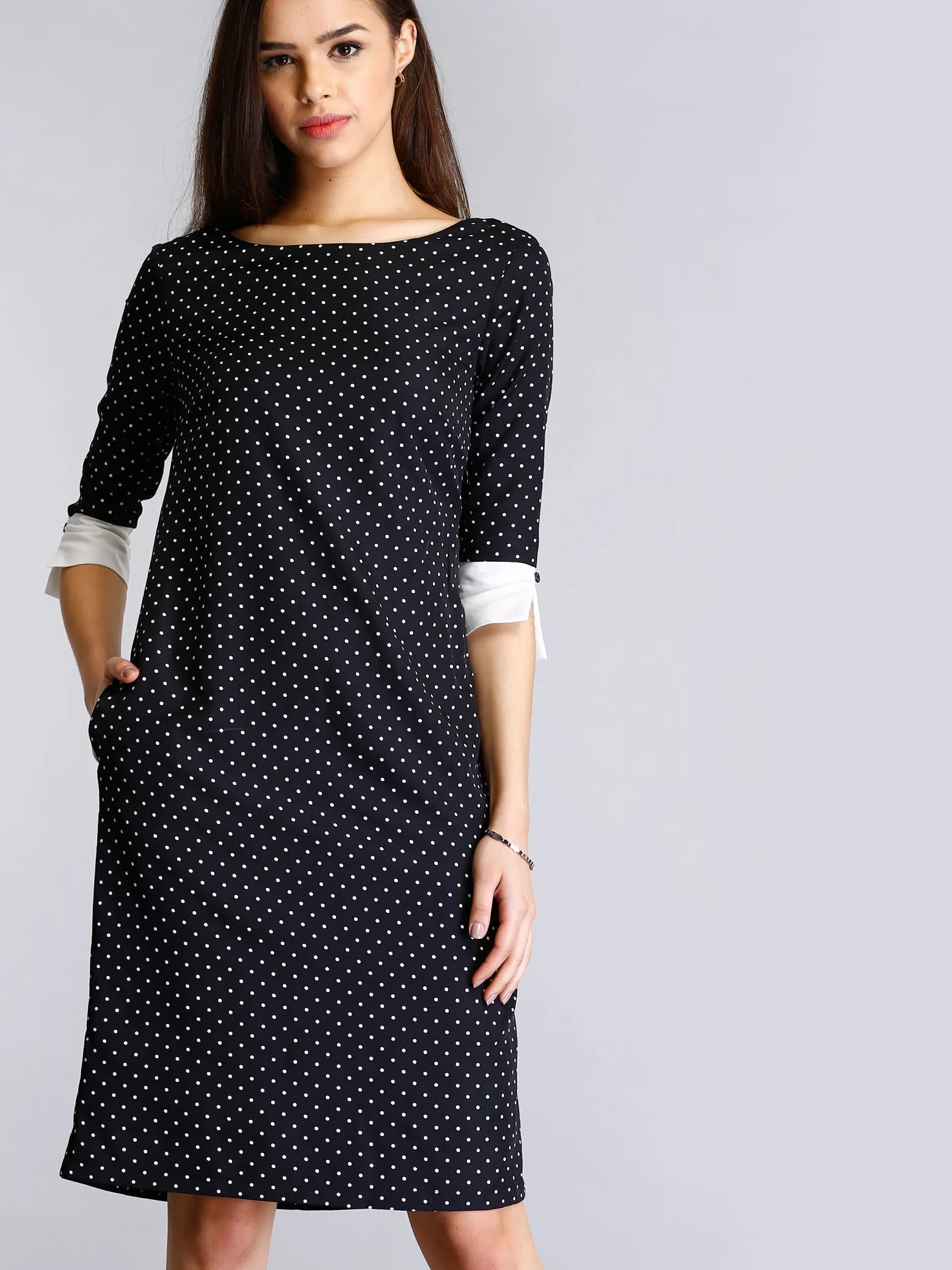 Colour Block Polka Dot Shift Dress - Black and White