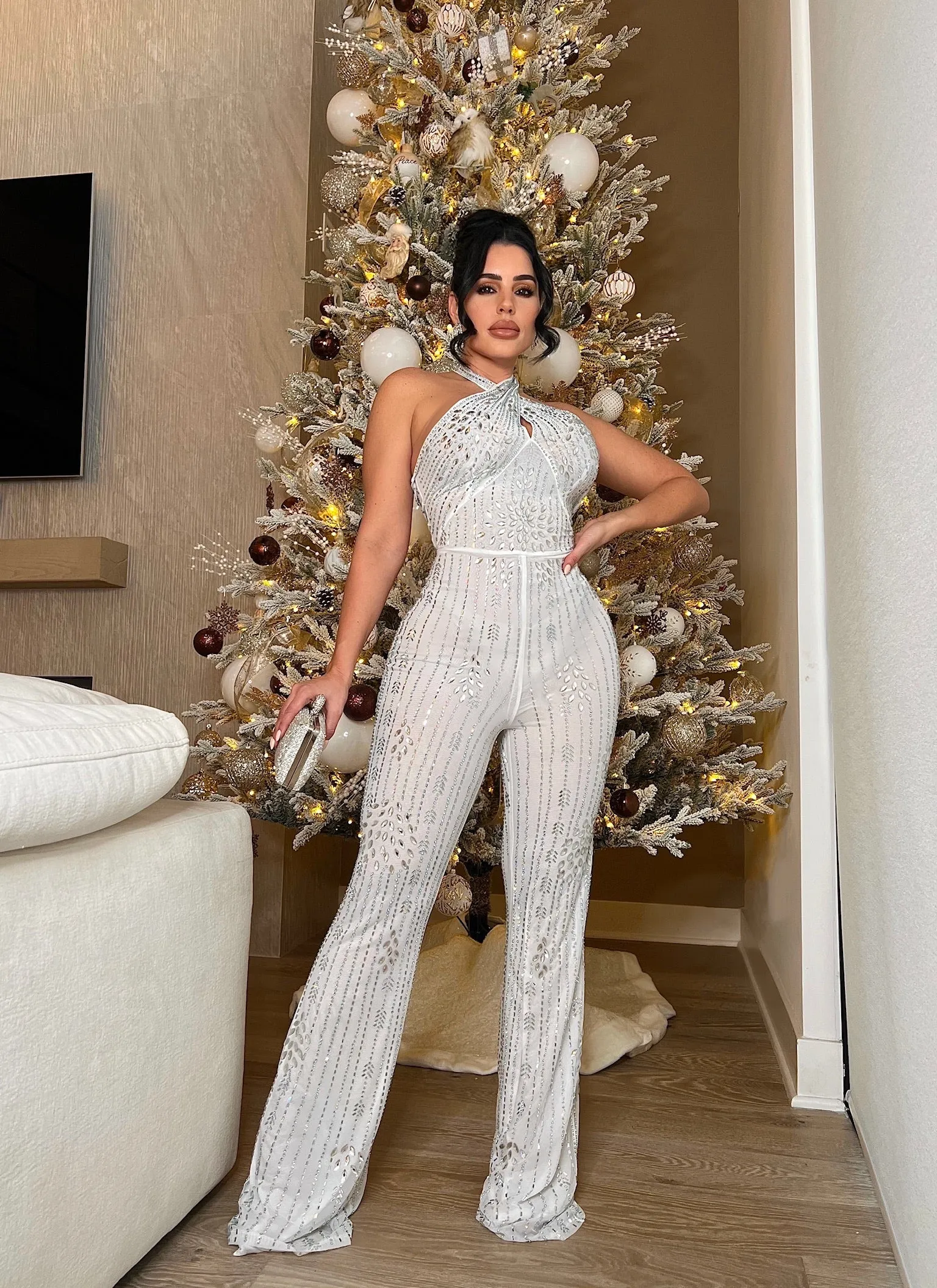 Fireworks Mesh Diamonds Jumpsuit White
