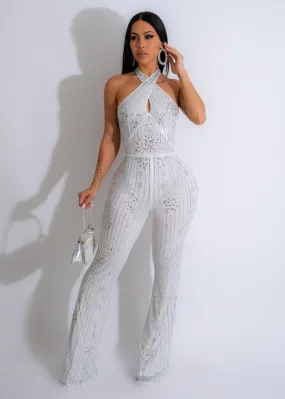 Fireworks Mesh Diamonds Jumpsuit White