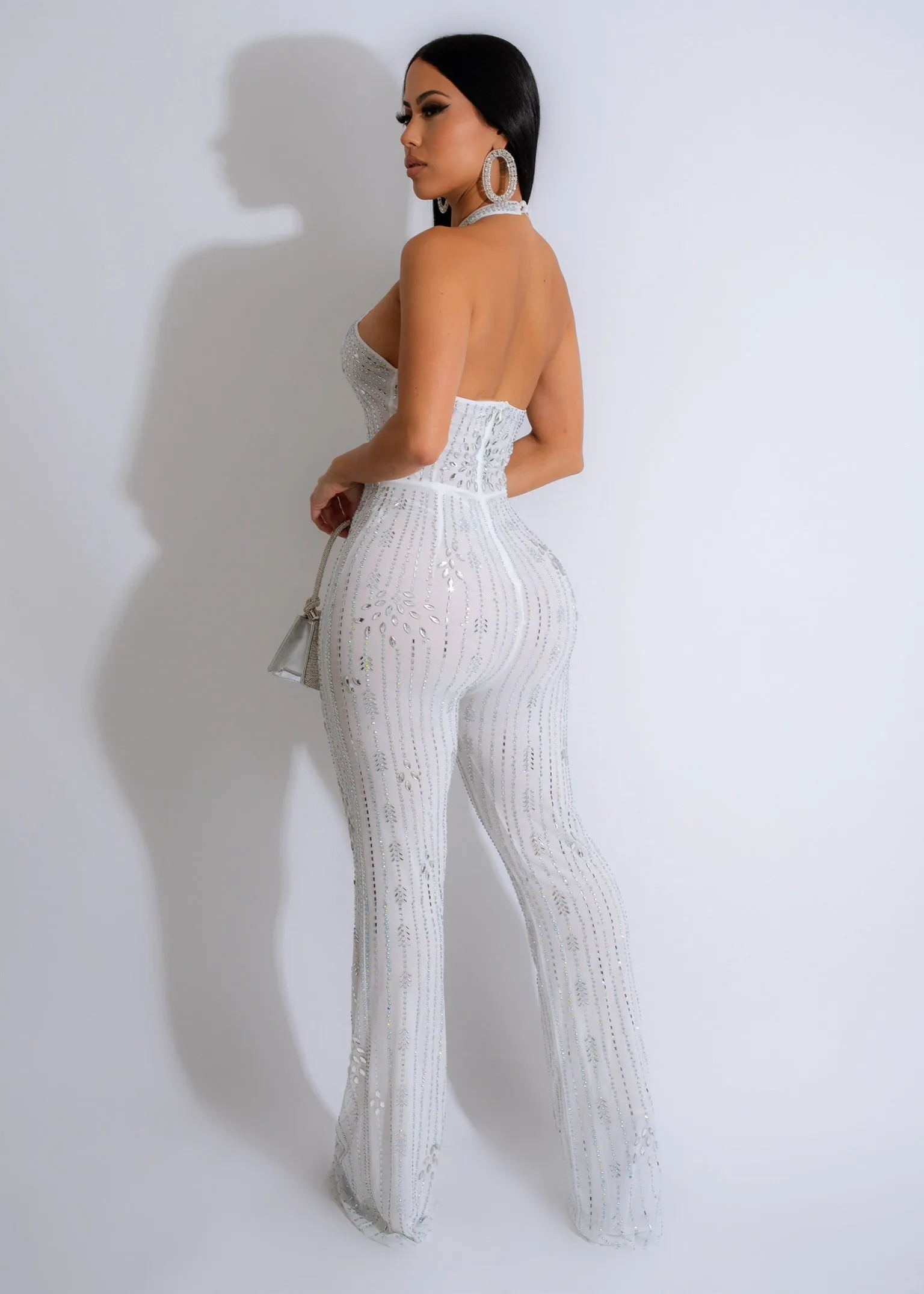 Fireworks Mesh Diamonds Jumpsuit White
