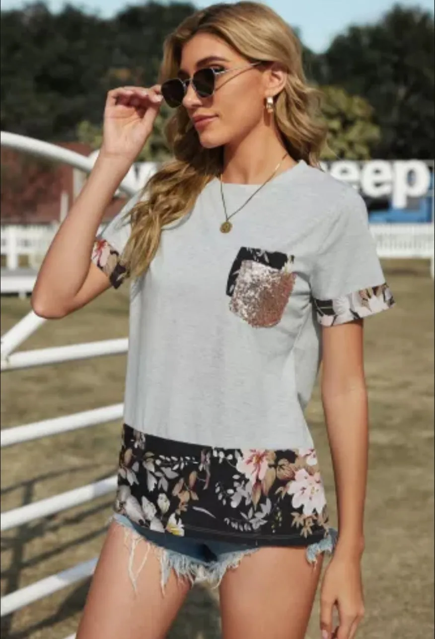 Gray Sequins Accent Floral Splicing Tee