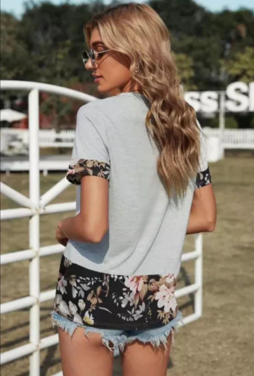 Gray Sequins Accent Floral Splicing Tee