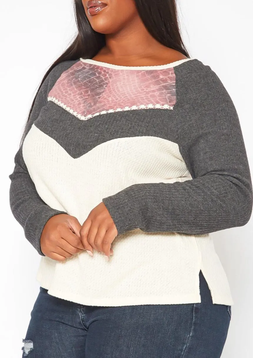 Hi Curvy Plus Size Color Block Knit Long Sleeve Shirt