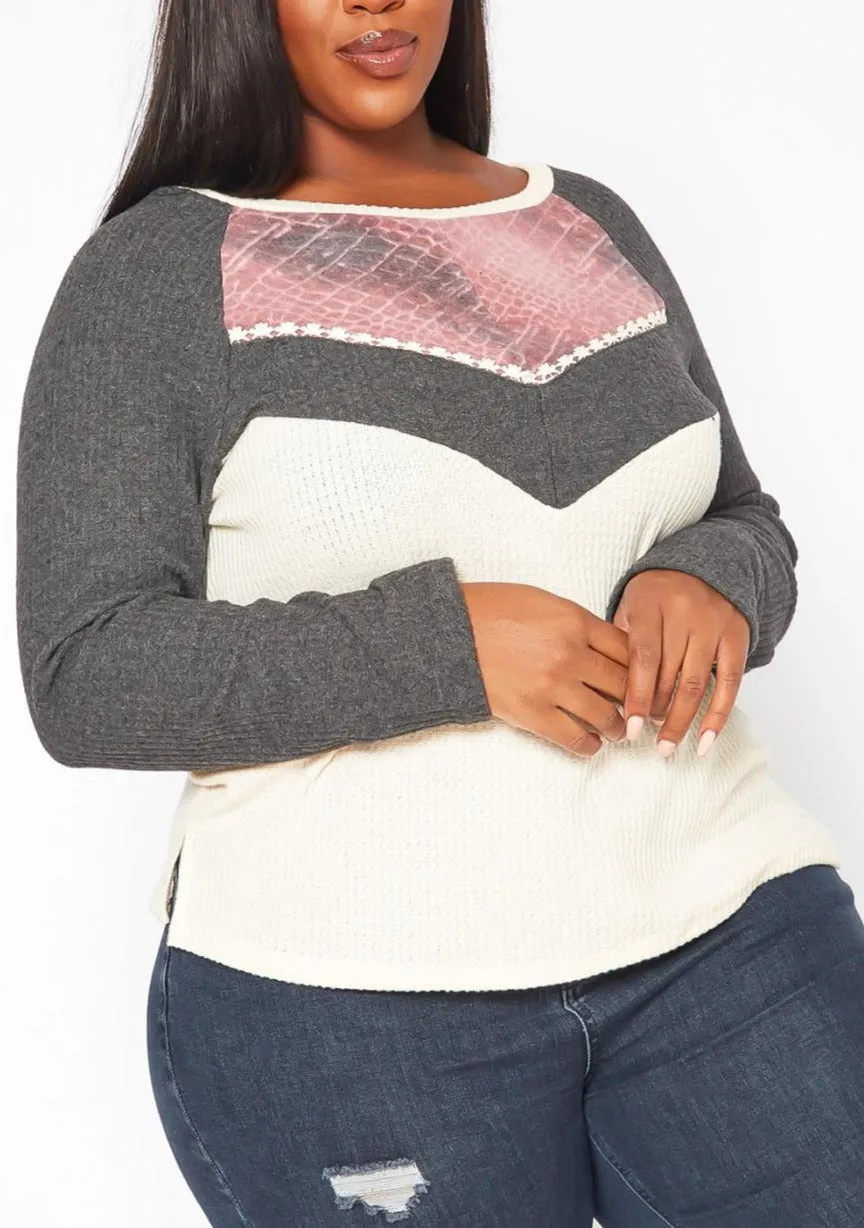 Hi Curvy Plus Size Color Block Knit Long Sleeve Shirt