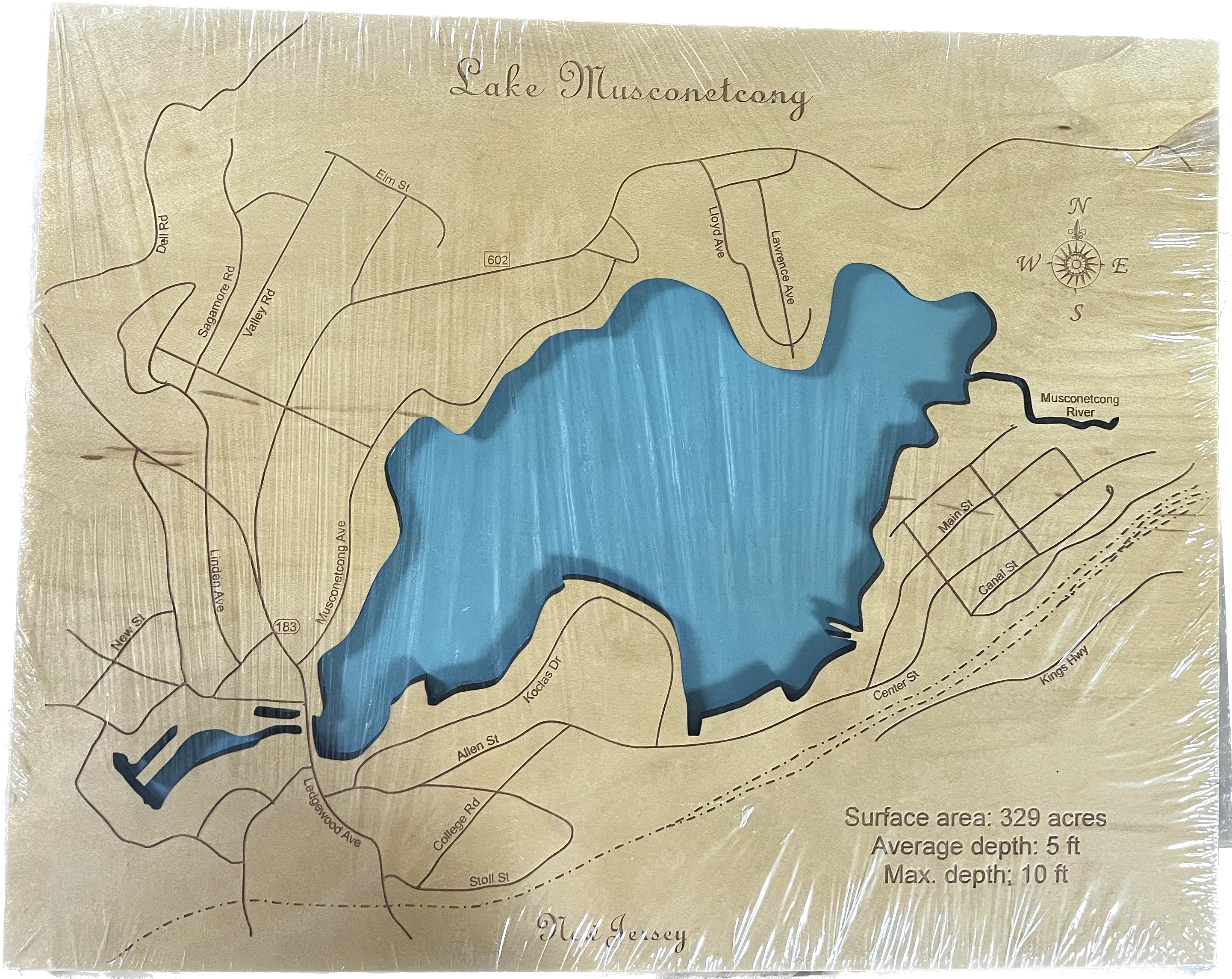 Lake Musconetcong, New Jersey  - Laser Engraved Wood Map Overflow Sale Special