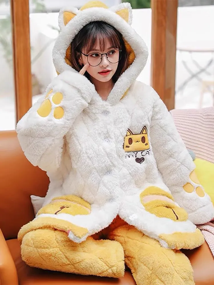 Meow Magic Cat Cartoon Cozy Winter Quilted Pajama Set