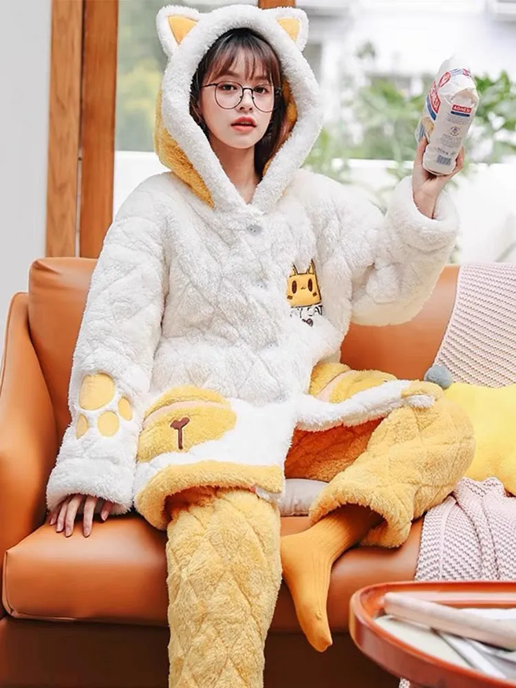 Meow Magic Cat Cartoon Cozy Winter Quilted Pajama Set