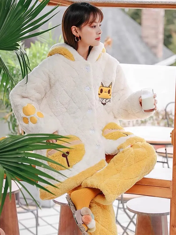 Meow Magic Cat Cartoon Cozy Winter Quilted Pajama Set