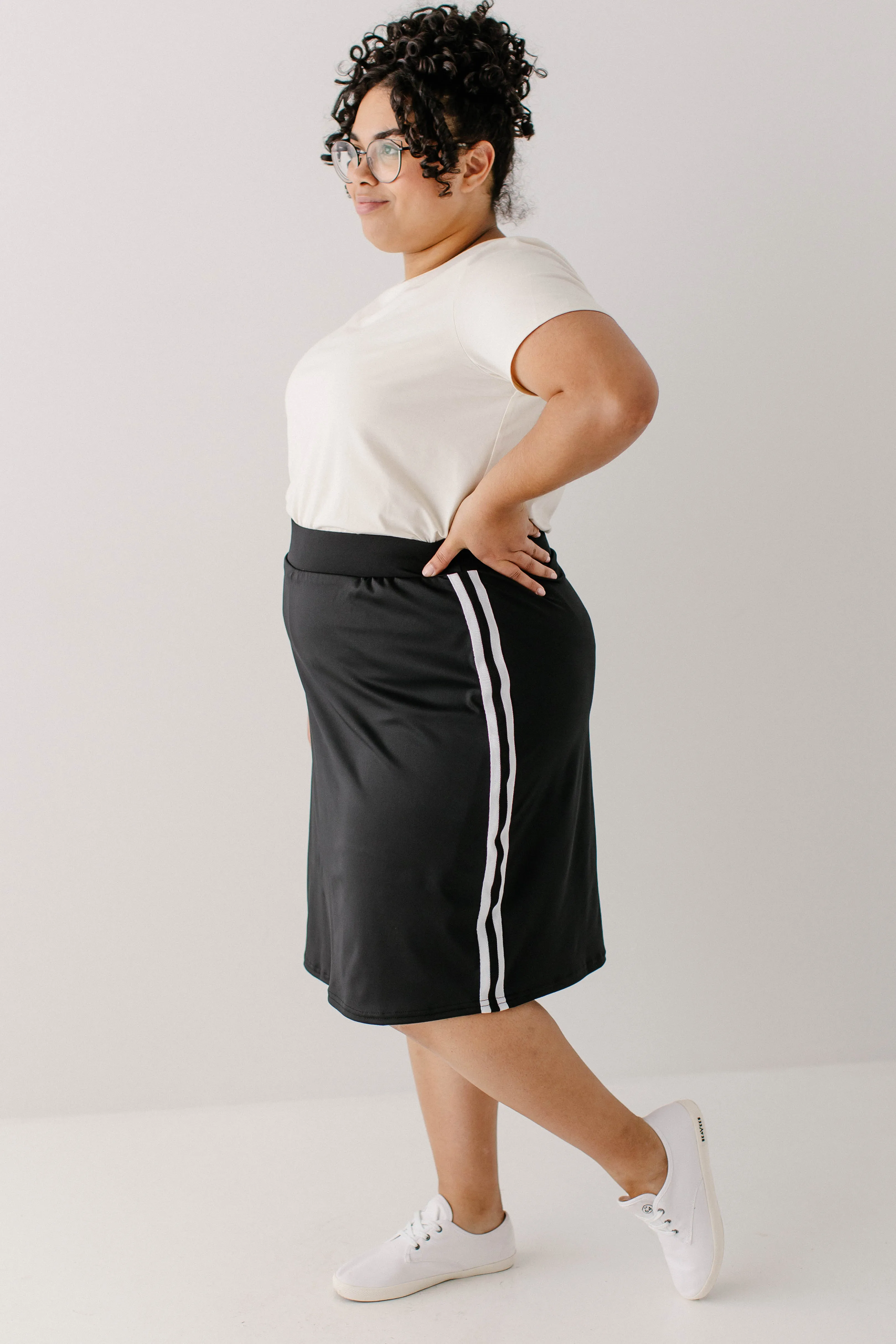 Plus Modest Athletic Knee Length Skort with Stripe FINAL SALE