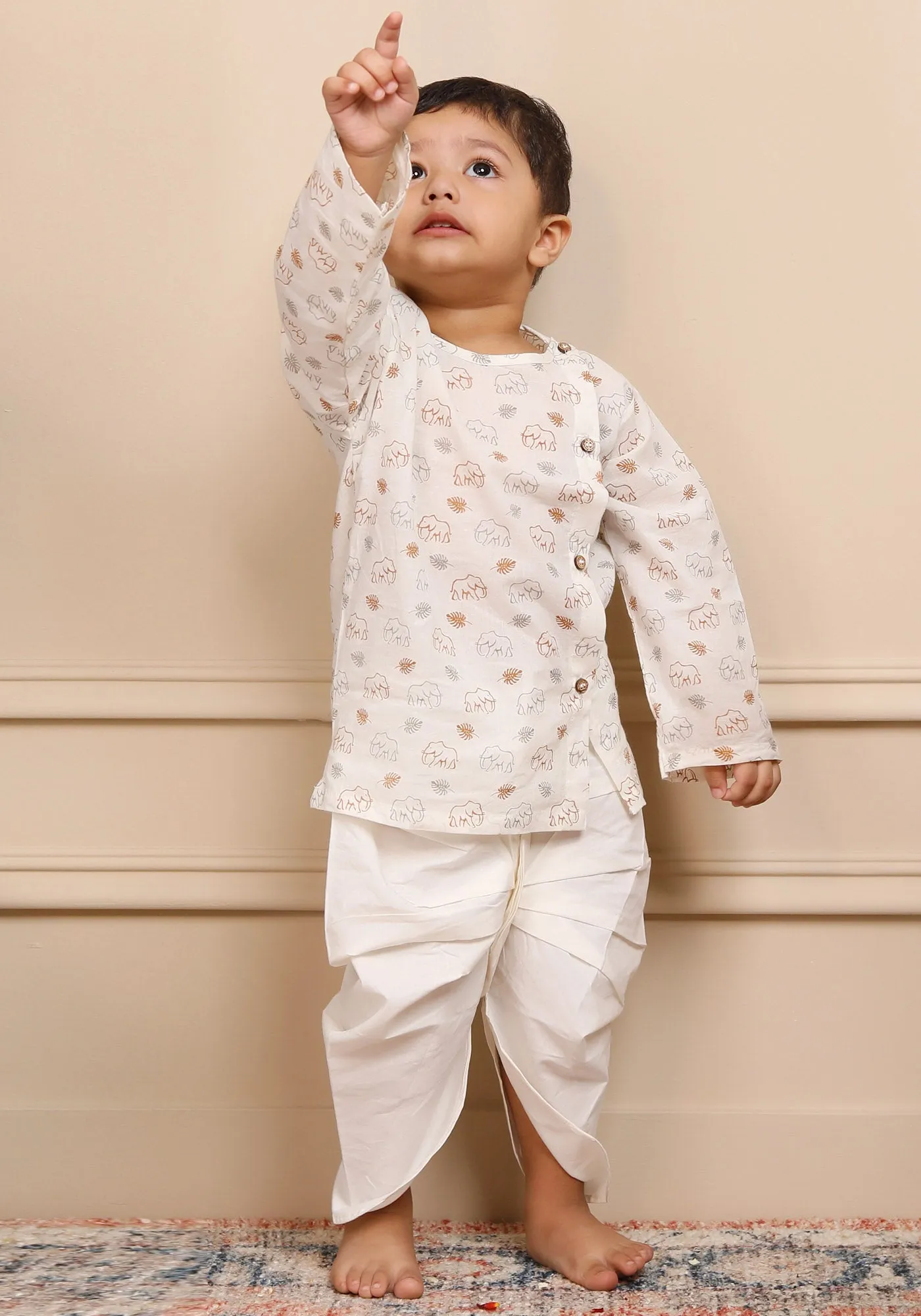 Polka Tots 100% Super Soft Cotton Full SLeeve Elephant Print Angrakha & Dhoti Set - White & Mustard