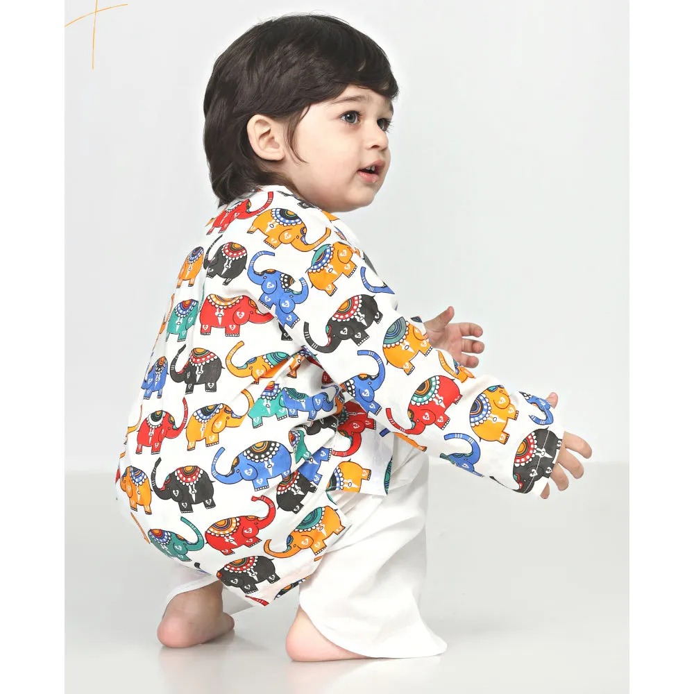 Polka Tots Dhoti Kurta Set for Boys 100% Super Soft Cotton Traditional Ethnic Wear For Kids Elephant White