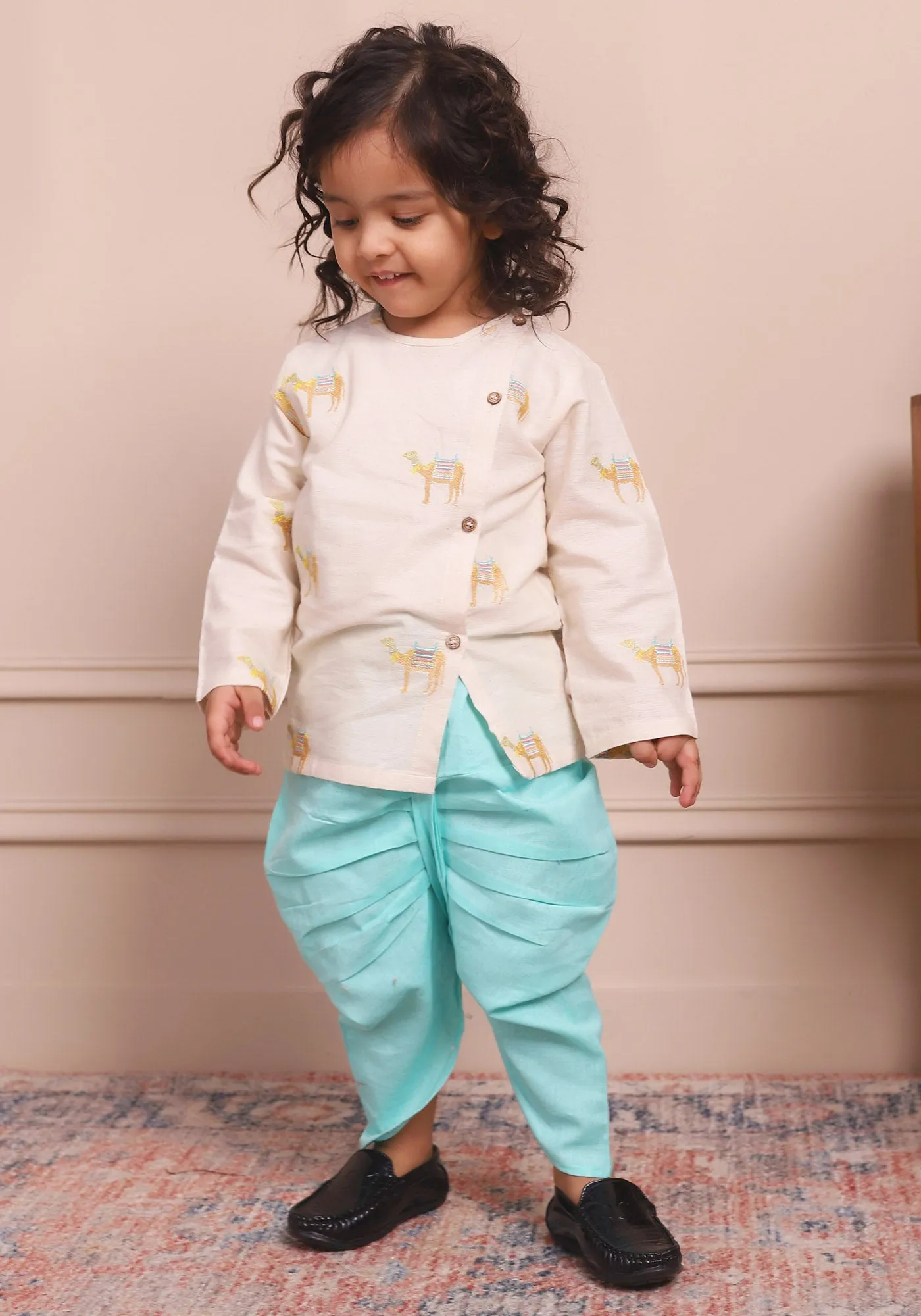 Polka Tots Full Sleeve Camel Embroidery Angrakha Top With Dhoti - cream