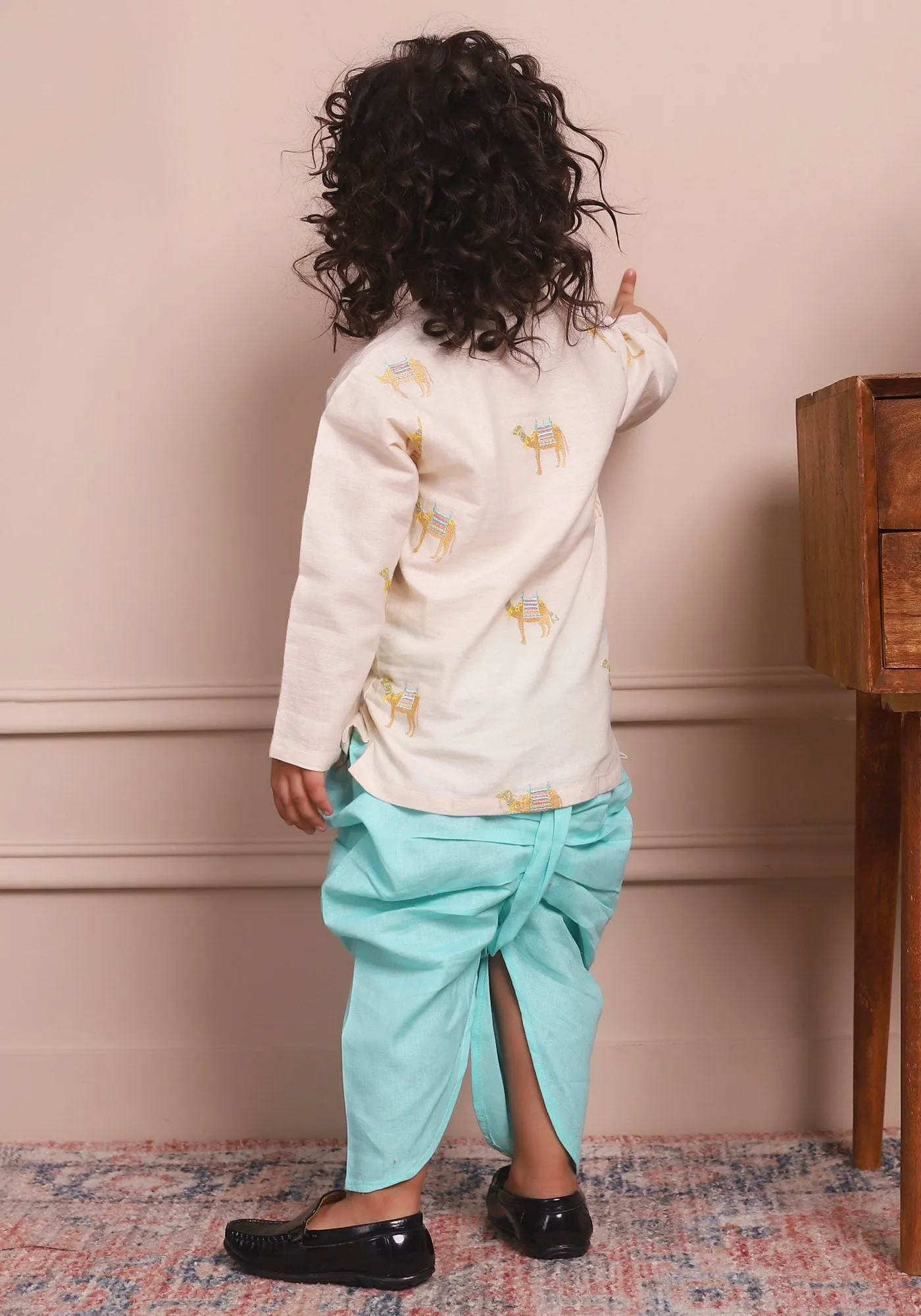 Polka Tots Full Sleeve Camel Embroidery Angrakha Top With Dhoti - cream