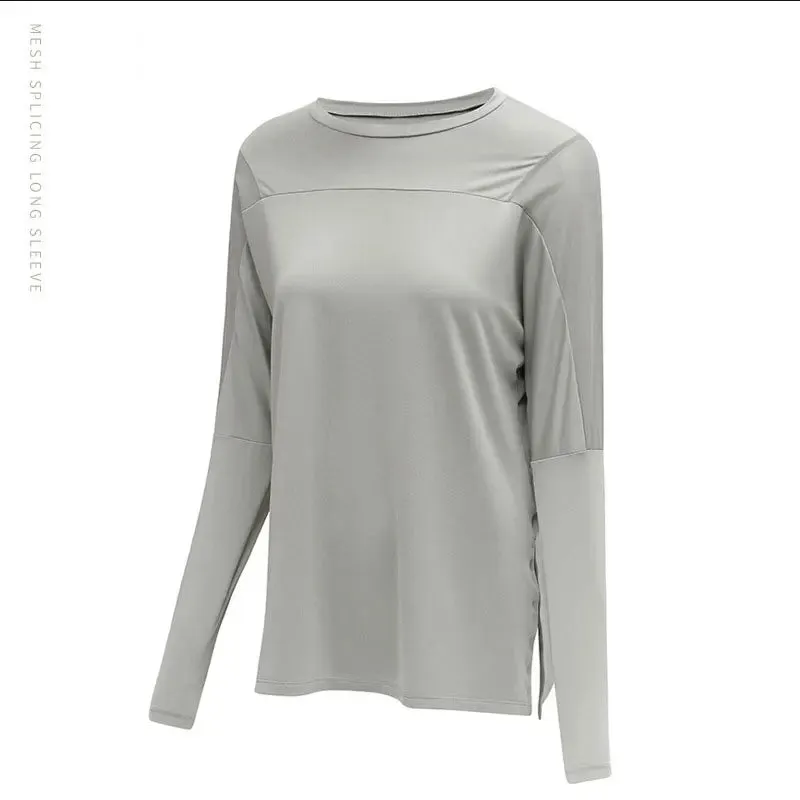 Splicing Yoga Loose Long Sleeve Top Side Slits Sports Shirts Women Quick Dry Fitness Blouses Gym Workout Pulovers Athletic Wear