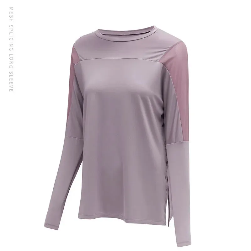 Splicing Yoga Loose Long Sleeve Top Side Slits Sports Shirts Women Quick Dry Fitness Blouses Gym Workout Pulovers Athletic Wear