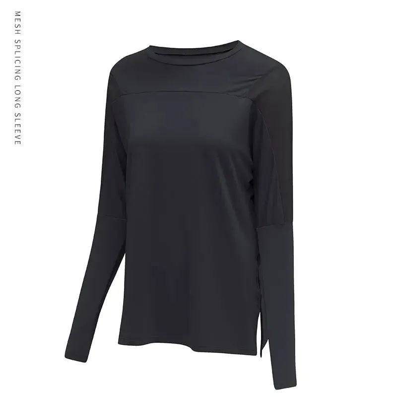 Splicing Yoga Loose Long Sleeve Top Side Slits Sports Shirts Women Quick Dry Fitness Blouses Gym Workout Pulovers Athletic Wear
