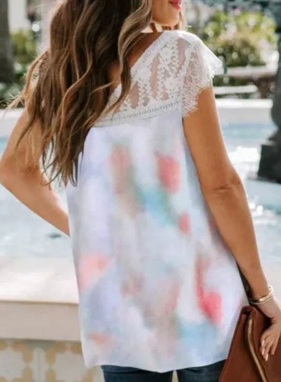 White Lace Splicing V Neck Short Sleeve Tie-dye Top